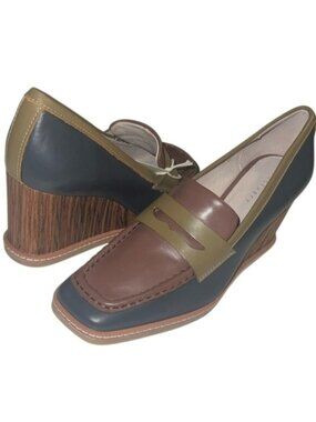 Sanctuary Cadence Brown Blue Color Block Wood Heel Wedge Loafer Size 7.5 NIB